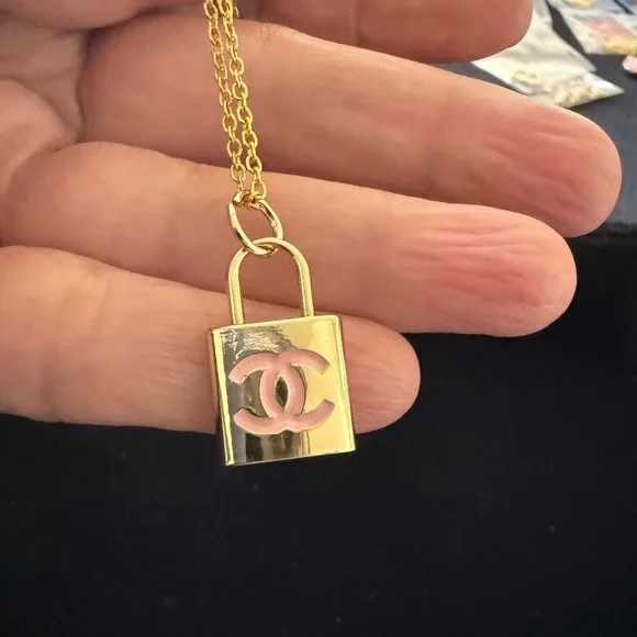 Gold & Pink Lock Charm Necklace - Picture 4 of 5